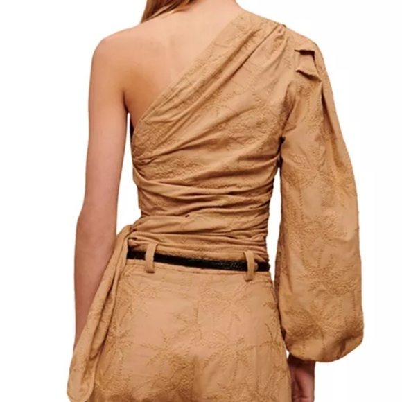 MAJE Lalmeto One Sleeve Tan BROWN Blouse Embroidered Cut Out Zipper Size 1 S - Picture 13 of 16